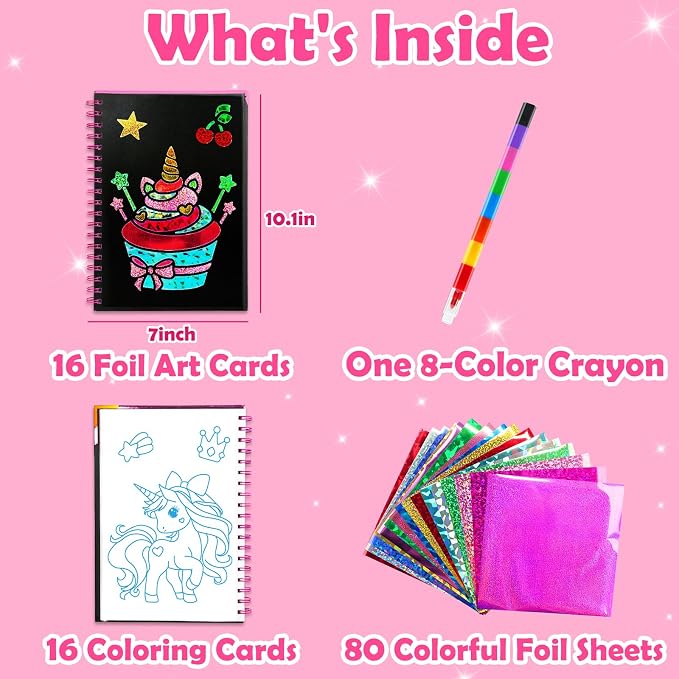 FUNNYB&G Foil Art Craft Kit for Kids, Sparkly Birthday Gift Toy for Girls | No Mess, Kids Ages 4-10 Create Sparkling Artwork, A Creative Gift for Birthdays, Holidays, Travel Activities,Screen-Free Fun