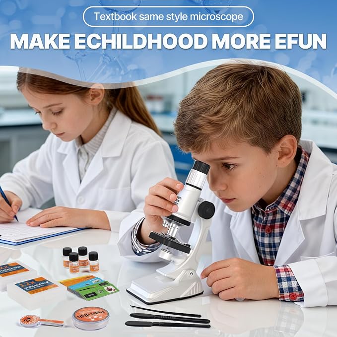 Kids Microscope Kit with Blank and Prepared Slides | 61 PCS Science Kit 100X-1200X with LED Light,Phone Holder, Carrying Box, STEM Project Toy, Educational Gift for Ages 6-12