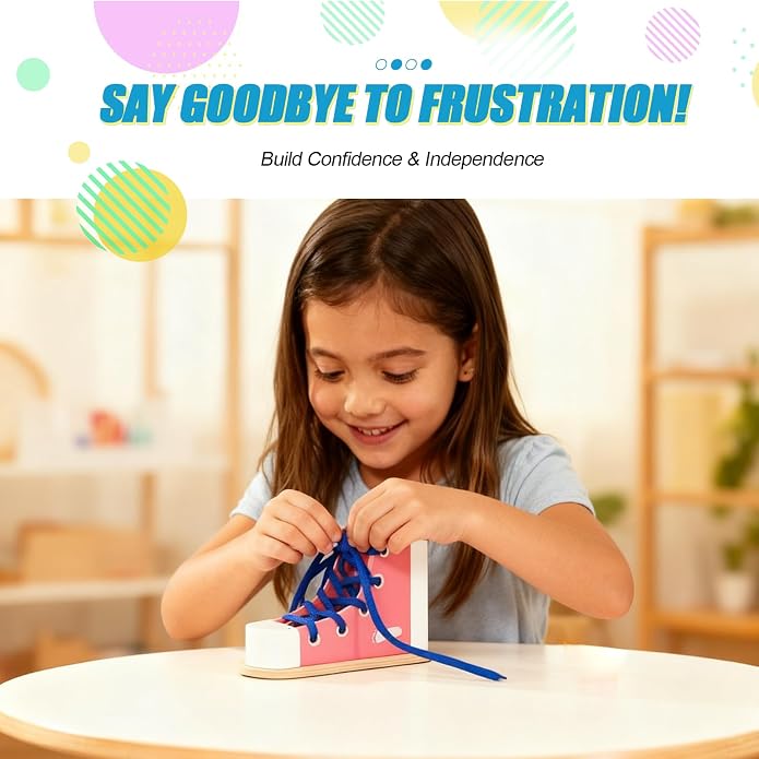 Learn to Tie Shoes for Kids, Wooden Lacing Sneaker Toy,Montessori Educational Toy for Toddlers Ages 4-8