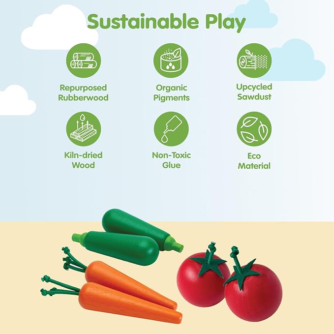 PlanToys® Wooden Fresh Produce Set Carrots, Zucchinis & Tomatoes Kids Toy | slicing, wooden knife, fruits and vegetables toys, girls, boys, montessori pretend food fine motor gift preschool learning