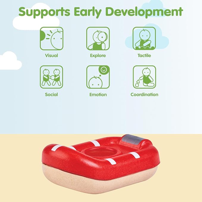 PlanToys® Wooden Whitewater Raft, Waterproof Kids Bath & Water Play Toy | wooden whitewater raft, waterproof bath water play, montessori imaginative coordination, sensory development, kids toy set