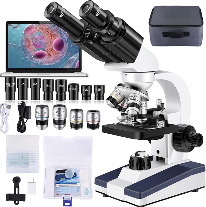 Microscope for Adults WF10x and WF25x eyepieces Compound Microscope with Microscope Slides, Microscope Kit for Kids Students Home School