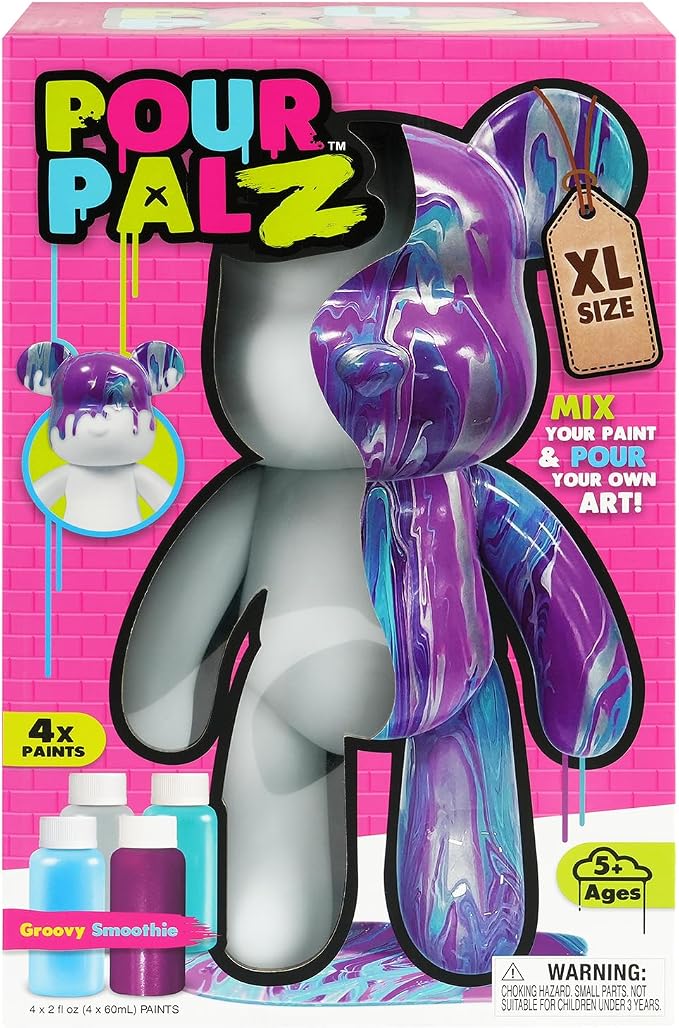 Pour Palz DIY Paint Pouring Kit – 1 XL Bear Figurine, 4 Acrylic Pour Paints, Mixing Cups & Tools, Create Unique Marbled Art, Fun Hands-On Craft Kit for Kids & Adults, Groovy Smoothie, Ages 5+