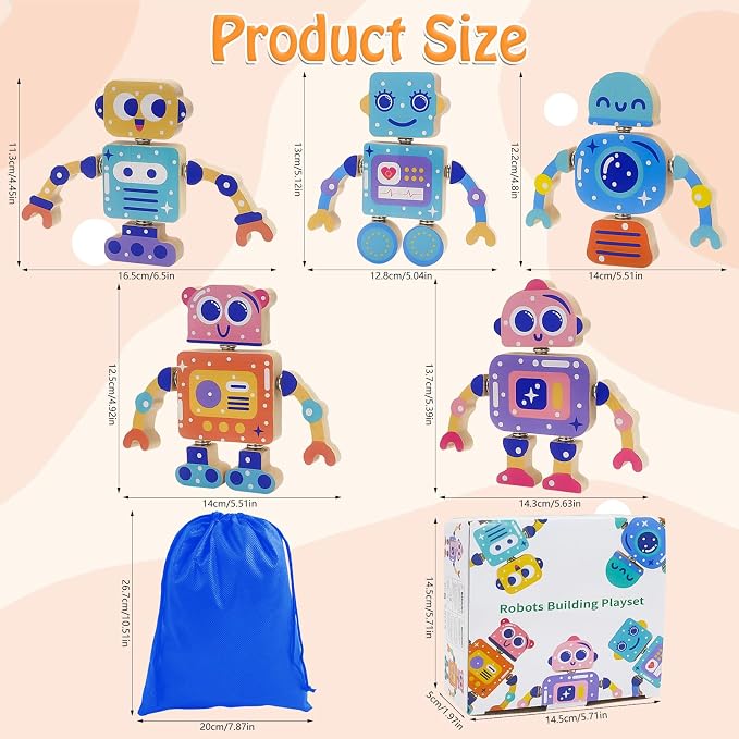 28-Piece Wooden Snap-Together Take-Apart Robot Building Blocks for Kids 3-6 | Mix-and-match heads, bodies, arms and legs for varied creations, fine motor practice, problem-solving and open-ended play