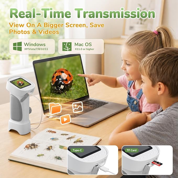 1000X Handheld Digital Microscope for Kids with 2.4" IPS Screen | Portable Educational STEM Microscope Toy with Photo/Video, 8 LEDs, Manual Focus, Rechargeable for Ages 4-12 Boys & Girls