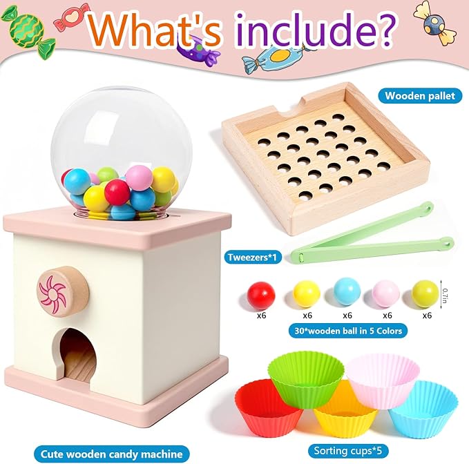 9.6" Wooden Gumball Machine For Kids Learning Color Sorting & Counting Toy | Toddler Preschool Learning Activities Toy for Kids Ages 3-5, Wood Preschool Learning Fine Motor Skills Game Toys