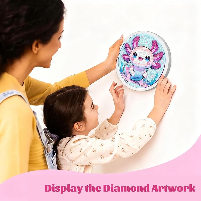 Gemozaic Axolotl Diamond Art Kits for Kids Ages 8-12, Round Frame, 8 x 8 in | Cute Animal Diamond Art for Kids 8 9 10 12 Year Old, Easy Kid Gem Painting, Amphibians Arts and Crafts for Girl Birthday Gift