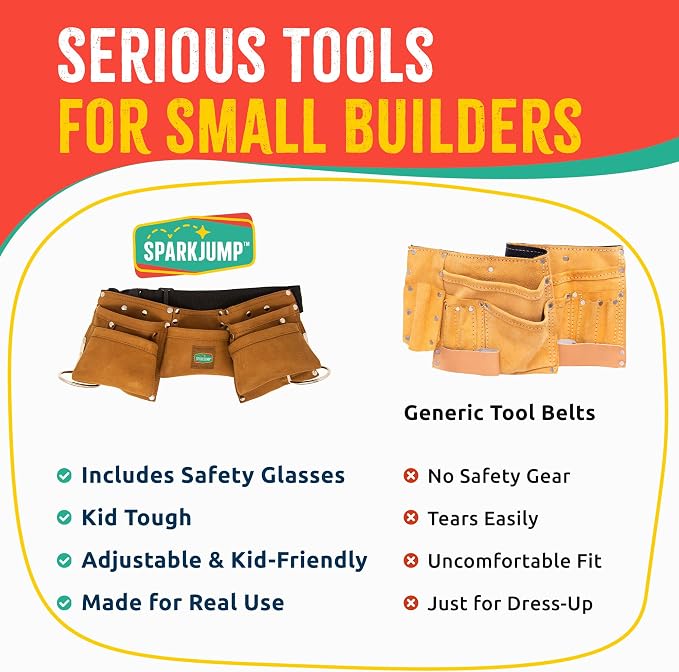 Kids Brown Tool Belt, Adjustable Tool Belt for Toddlers and Kids | Dress-Up Construction Costume for DIY Woodworking and STEM Learning