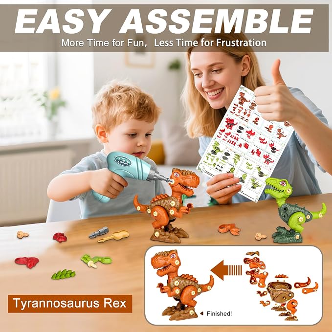 Take Apart Dinosaur Toys for Boy: 85 Pieces 3 Pack & Electric Drill for 4-6 | Easy-to-Use Dinosaur Construction Building Set for Little Hands - STEM Educational Toy & Gifts for Kids Birthday Christmas