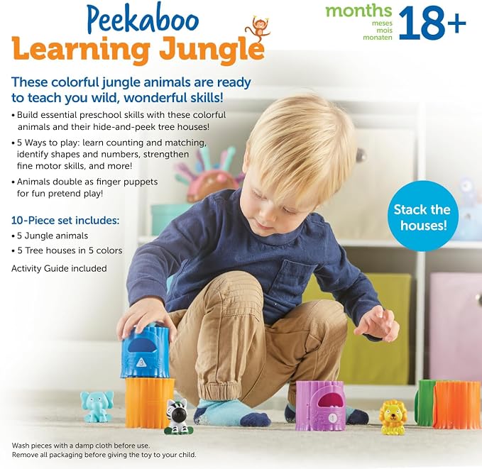 Learning Resources Peekaboo Learning Jungle Toddler - 10 Pieces, Ages 18 Months +, Toddler Montessori Toys, Stacking Shape, Sorting and Matching Skill, Educational Games