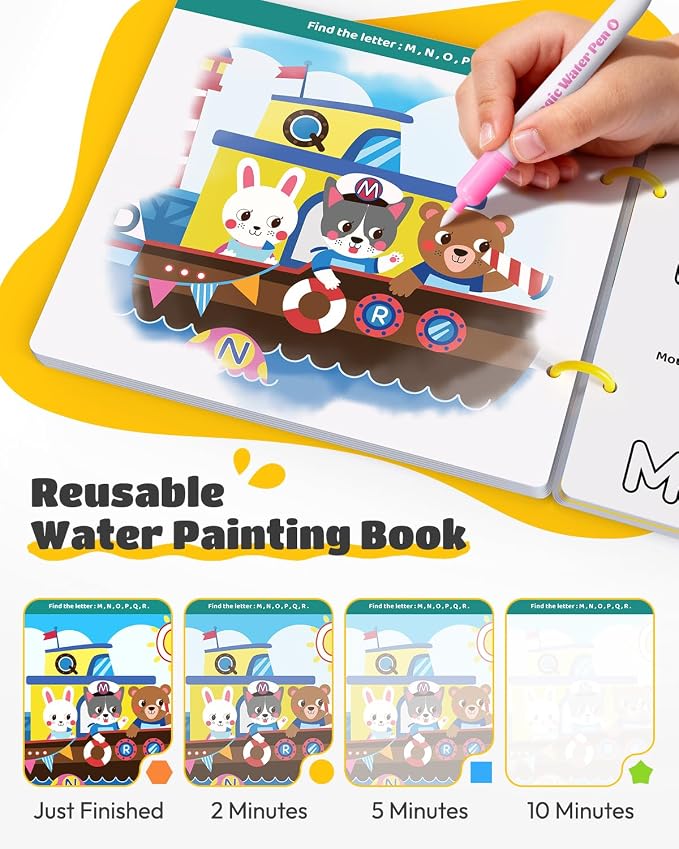 JUPITEARTH 28 Pages 3-in-1 Pack Mess Free Coloring Book Set for Toddlers | Reusable Water Painting Book with 2 Refillable Water Pens,Educational Activity Toys for Toddlers