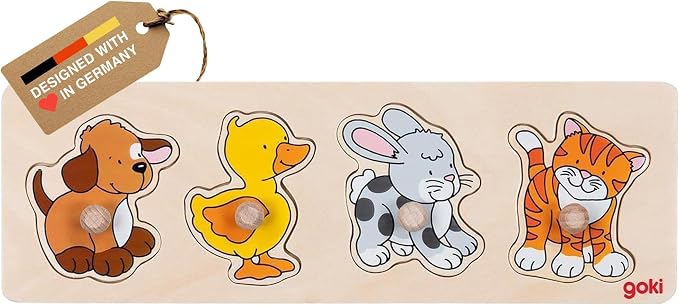 GOKI Wooden Peg Puzzle for Toddlers – Montessori Inspired Learning Toys for Toddlers I Farm Animals Knob Puzzle Ages 1+ Develops Fine Motor Skills and Shape Recognition I Designed with Love in Germany