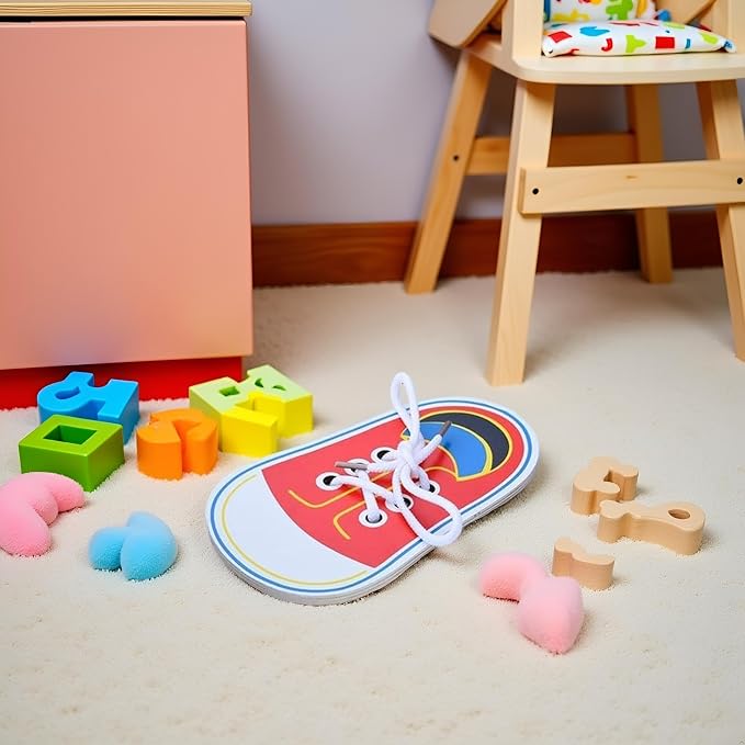 Red Wooden Shoe Tying Practice, Learn to Tie Your Own Shoes Threading Lacing Shoes Training Early Learning Kits, Threading Lacing Shoes Training Board Early Learning,Decorative Accessories
