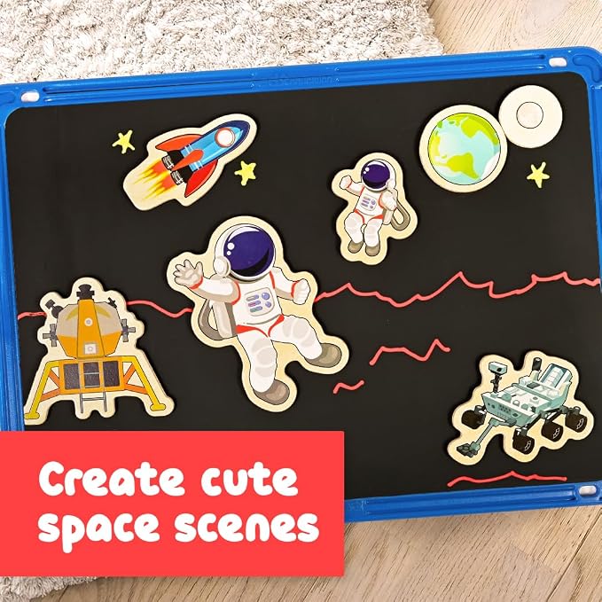 SPARK & WOW Wooden Magnets, Space, Set of 20 | Magnets for Kids Ages 2+, Adhere to Fridges, Whiteboards and More
