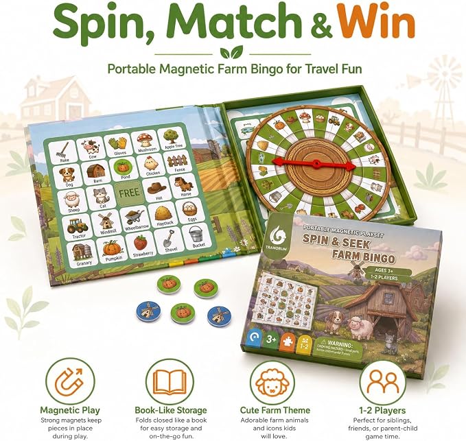 Travofun Farm Bingo Game, Magnetic Travel Toy for Kids 3 and Up, Ideal for Road Trips
