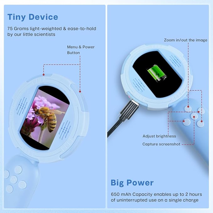 Mia Kids Microscope, Mini Digital Microscope for Kids with 2'' IPS Screen, Handheld Mini Scope Educational Science Toy Kit, Christmas/Birthday Gifts for Kids Aged 3-6,7-12 (Blue)