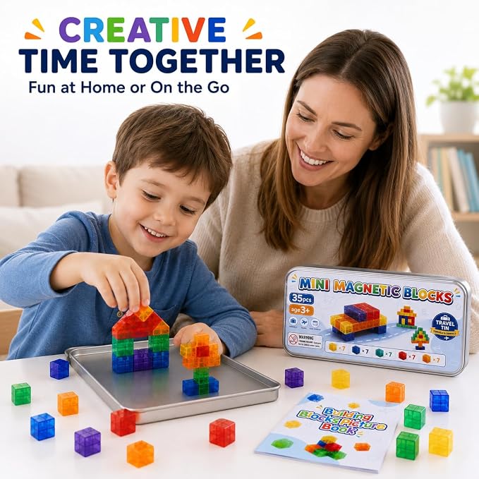 POSOUL 35-Piece Mini Magnetic Building Blocks Travel Set with Metal Storage Tin and Play Tray, Colorful Transparent Magnet Cubes, STEM Construction Toy with Idea Book for Kids Ages 3+