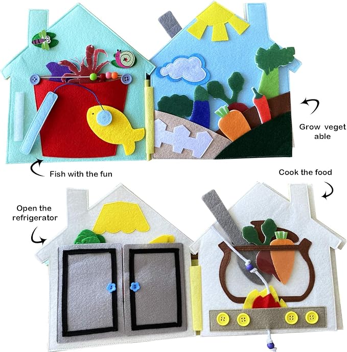 Quiet Book for Toddlers 1-3,Fun Interactive Busy Book with Cooking,Fishing,Planting,Pizza Making & Dinner Prep – Montessori Toy (Kitchen Story)