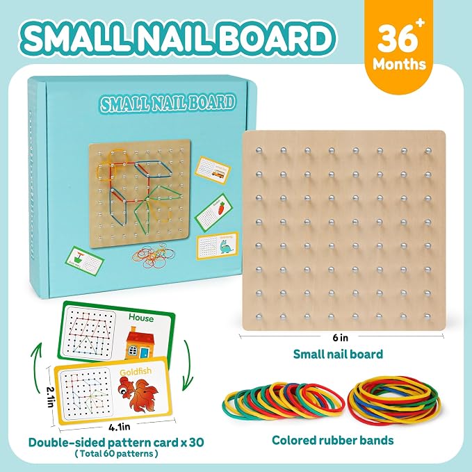 Wooden Geoboard, Montessori STEM Toy with Pattern Cards for Kids Ages 3+ | Pattern Cards & Rubber Bands, Geometric Shape Learning, Classroom STEM Tool, Brain Teaser Gift