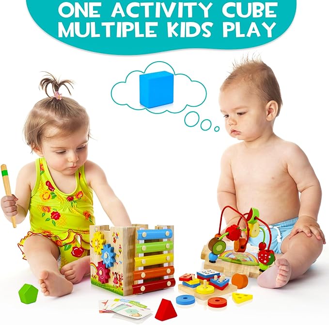 HELLOWOOD Wooden Activity Cube, 8-in-1 Montessori Baby Toys for 1+ Year Old | Educational Learning Toys for Toddlers, 1st Birthday Gift for Boys & Girls, Bonus Sorting & Stacking Board, Ready for Gifting