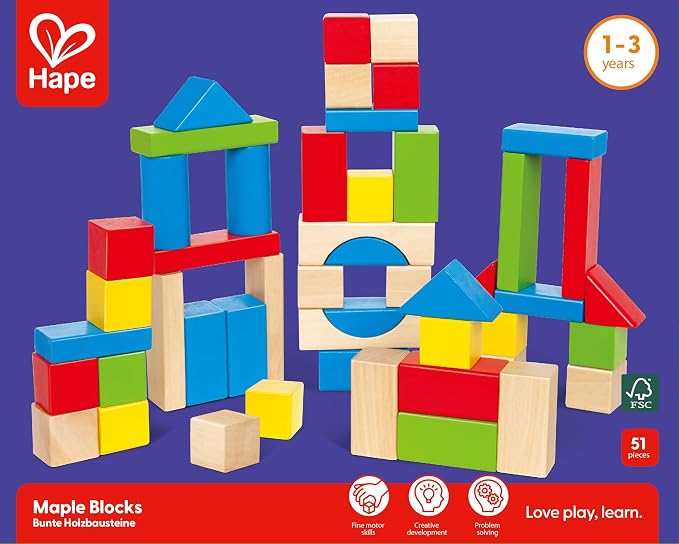 Hape Maple Wood Kids Building Blocks Stacking Wooden Block Educational Toy Set for Toddlers, 50 Brightly Colored Pieces in Assorted Shapes and Sizes