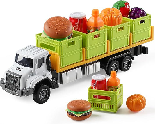 Food Transport Truck Toy for Age 3-8 Kids – 1:55 Alloy Vehicles Head Goods Trailer with Cargo Box and Food Model, Lights & Sounds (Transport Truck White)