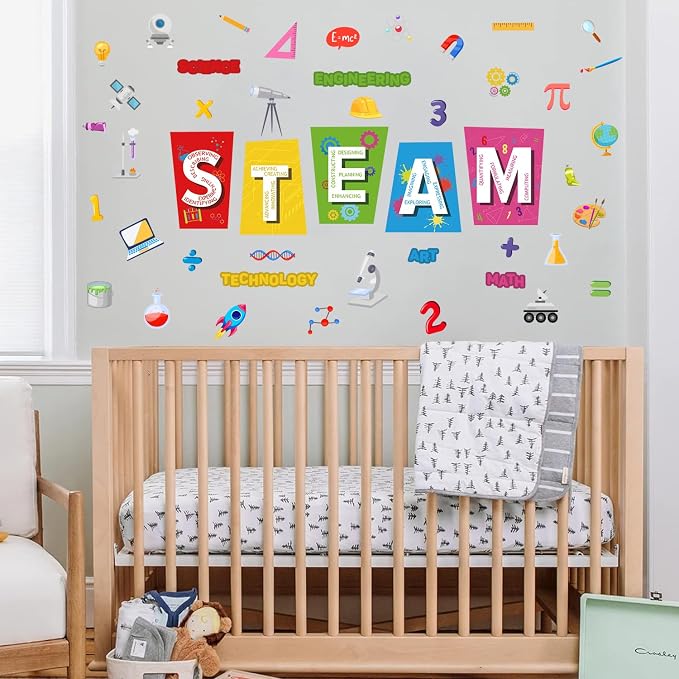 LHIUEM STEAM Educational Wall Stickers 35"×24" Science Tech Engineering Art Math Wall Decal Colorful Classroom Decor Removable Self Adhesive Learning Mural Renter Friendly for Kids Bedroom Playroom