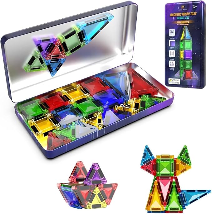 Desire Deluxe Micro Magnetic Tiles Building Blocks Toy - STEM Educational Travel Size Magnetic Blocks for Kids 3+YO, Learning Sensory Montessori Toddler 3+YO Magnetic Toys (Not Glitter, 28pc)