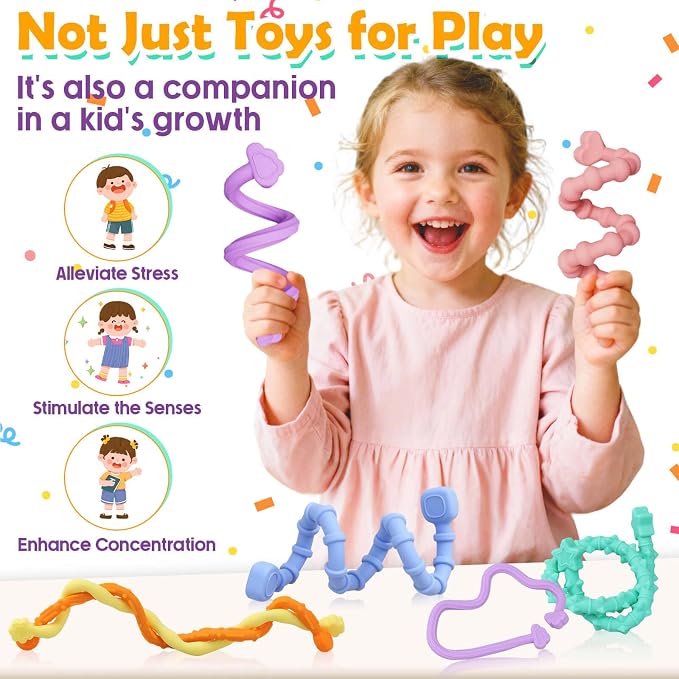 6 Pack Sensory Sticks Fidget Toys for Kids Adults, Anxiety Relief | Silicone Textured, Calming Sensory Toys, Kids With Autism, Classroom & Travel, Stocking Stuffers for Teen Girls Boys Kids