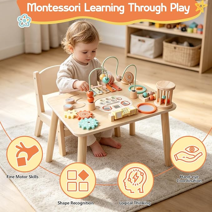 Montessori Toys for 1 Year Old, Wooden Activity Table for Toddlers 1-3, 13-in-1 Sensory Play Table with Bead Maze, Fishing Game, Shape Sorter & Xylophone, Learning Toy, First Birthday Gift