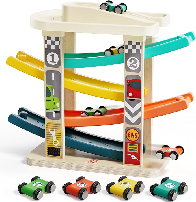 TOP BRIGHT Toddler Toys for 2 Year Old Boy, Wooden Car Ramp Race Track Set | Car Toys for Toddlers 1-3 with Cars and a Garage, Montessori Toys for 12 Year Old Boy Girl,Birthday Gift for Age 18+ Month