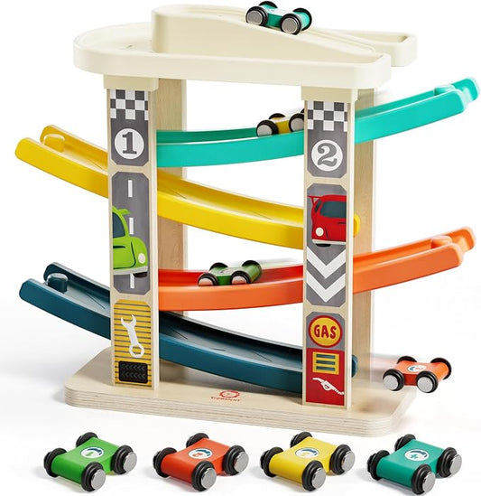 TOP BRIGHT Toddler Toys for 2 Year Old Boy, Wooden Car Ramp Race Track Set | Car Toys for Toddlers 1-3 with Cars and a Garage, Montessori Toys for 12 Year Old Boy Girl,Birthday Gift for Age 18+ Month