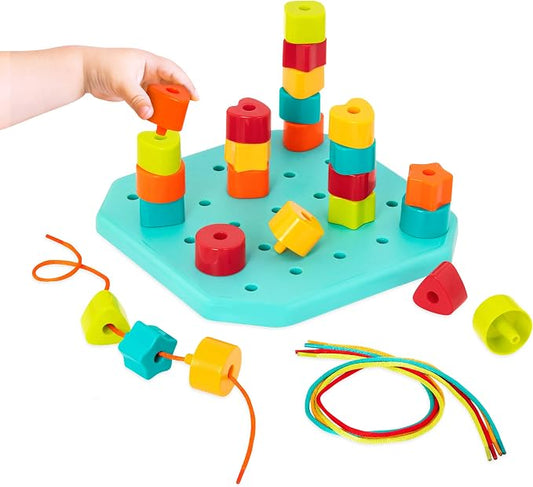 Battat Toddler, Count & Match Stacking Pegboard Toy | 31-piece set with 1 pegboard, 25 colorful pegs, and 5 matching cords for stacking, lacing, counting, and matching, 2+ Years