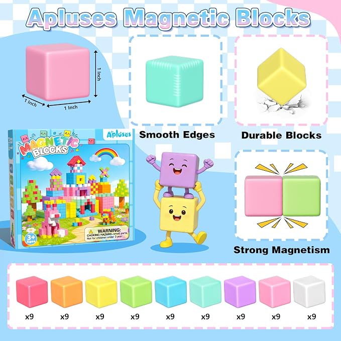 Apluses Magnetic Blocks Building Toys for 3+ Year Old Boys Girls | 1 inch, Gifts, PP Plastic, Candy colors, 81pcs