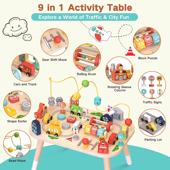 Weilim Montessori Wooden Activity Table for Toddler 1-3, Learning Toys | 9-in-1 Baby Activity Center: Bead Maze, Shape Sorter, Cars, Gears & Traffic Signs. Sensory Birthday Gift for Boys & Girls