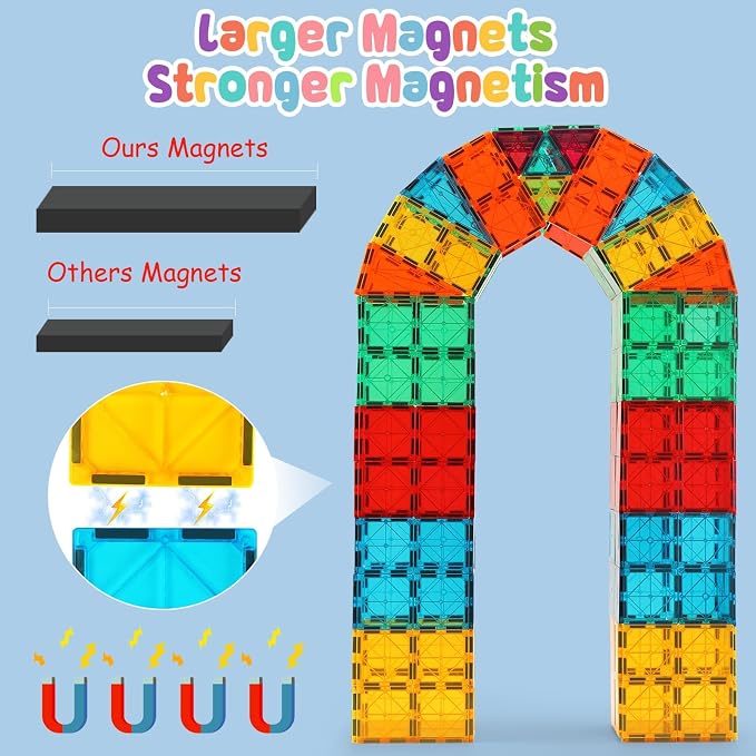 OugerToy 64 PCS Magnetic Building Tiles for Kids Ages 3-9 | Educational Magnetic Stacking Blocks for Boys Girls, Magnets Construction Toys,Stem Preschool Kindergarten Learning Toys