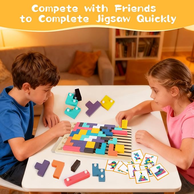 Wooden Stacking Puzzle Board, Montessori Brain Blocks for Kids Ages 3-8 | DIY Wooden Board Puzzle Game, 3D Russian Block Game, STEM Educational Toys, Boy & Girl Gifts for Birthday & Christmas