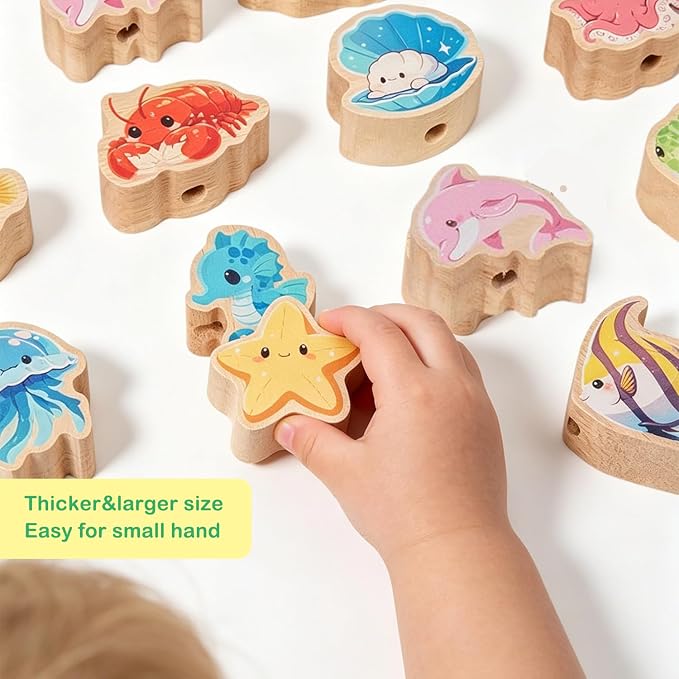 Wooden bear fishing Toy,Balance Stacking for Toddlers1-3&Kids 4-5-6 | 15pcs Blocks,Lacing Beads,Fine Motor Skills,Montessori STEM Education Learning Toy,Craft Gift for Boys&Girls