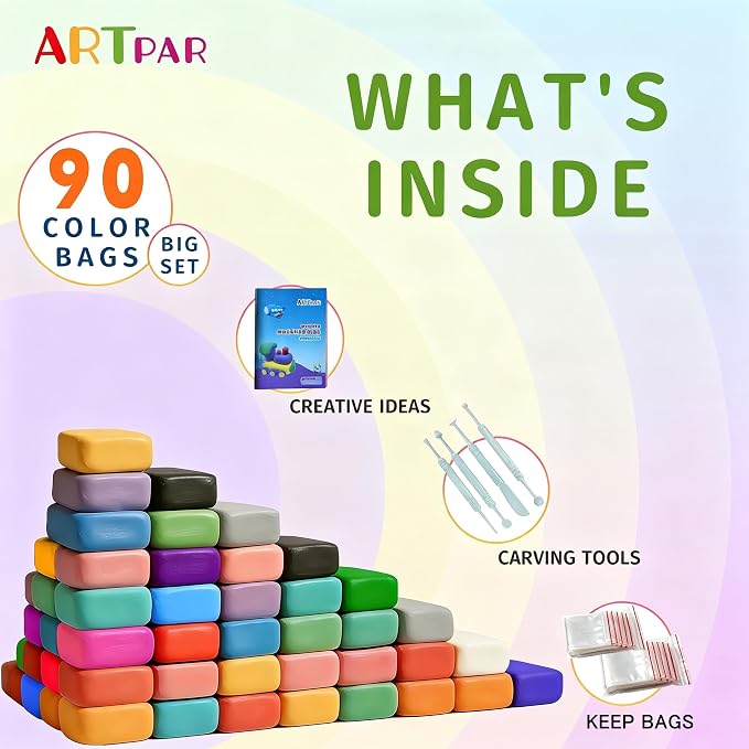 ARTPAR Air Dry Clay for Kids,90 Colors Modeling Magic Clay Bulk Kit | Colorful Molding Clay Sculpting Set,Soft & Non-Sticky,DIY Classroom Activities,Fun Art & Crafts Gifts for Boys & Girls 3-12Y