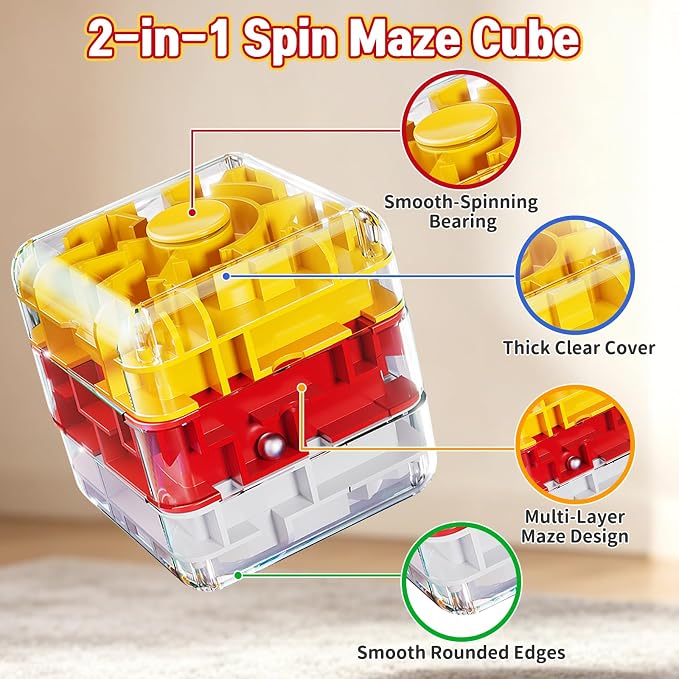 2-in-1 Fidget Spinner Maze Cube 3D Puzzle Brain Teaser 3 Level | Handheld Fidget Spinner Toy 3D Puzzle Cube Brain Teaser Game Stress Relief Anxiety Sensory Toy Travel Car Game Kids Adults