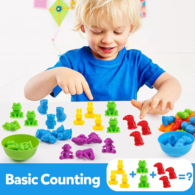 GKDOMS Counting Animals Toy Matching Game with Sorting Bowls Preschool Learning Activities Montessori Sensory Toys for Math Color Sorting, Party Favors Birthday Gifts for Kids