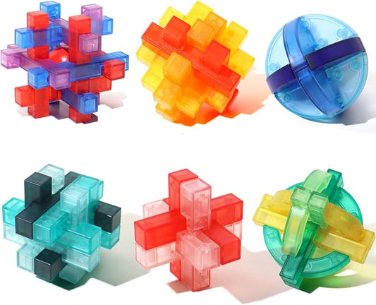 6 PCS Colorful Translucent ABS Luban Lock Set, Brain Teaser Puzzles for Kids Teens Adults, Interlocking Disentanglement Mind Puzzles, Montessori STEM Educational Toys, Mini Desk Puzzle Game
