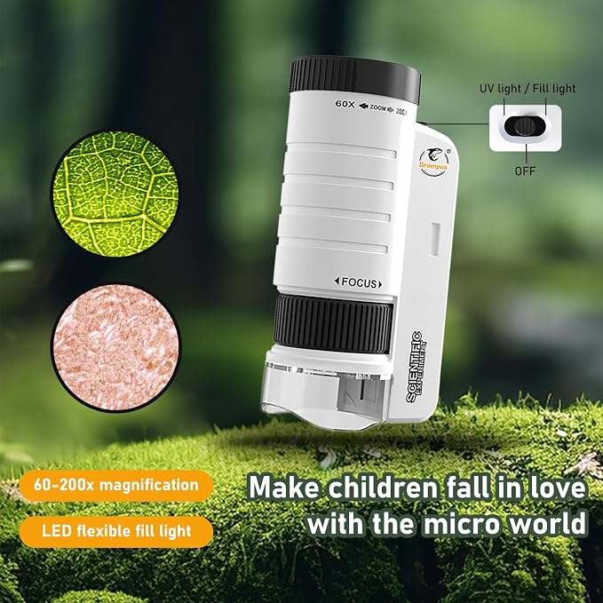 Grampus 60x-200x LED Pocket Microscope Portable Handheld STEM Toy for Kids Adults, Mini Microscope for Student Science Lab for Educational Microbiological Observation Outdoor Exploration