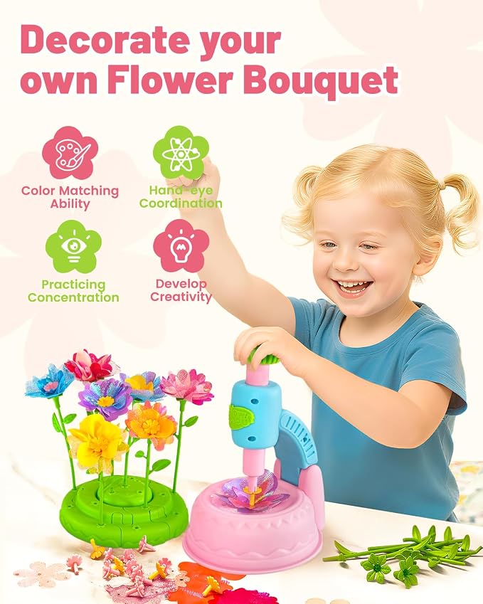 Glowsprout DIY Flower Bouquet Maker Kit with Fabric Petals for Girls, Pink | Easy-press flower maker with colorful fabric petals and stems for bouquets, baskets and creative gifts for girls ages 3-12