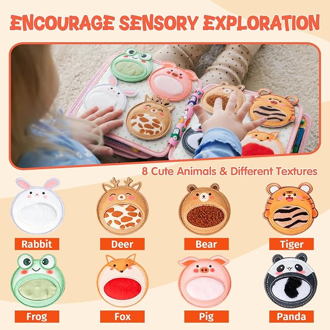 Bunny Montessori Busy Book for Toddlers 1-3- Preschool Felt Quiet Busy Book with Animal Sensory Mats- Early Learning Set for 1 2 3 Years Old Autism Sensory Toy-Airplane Travel Toy for Kids Girls Gifts