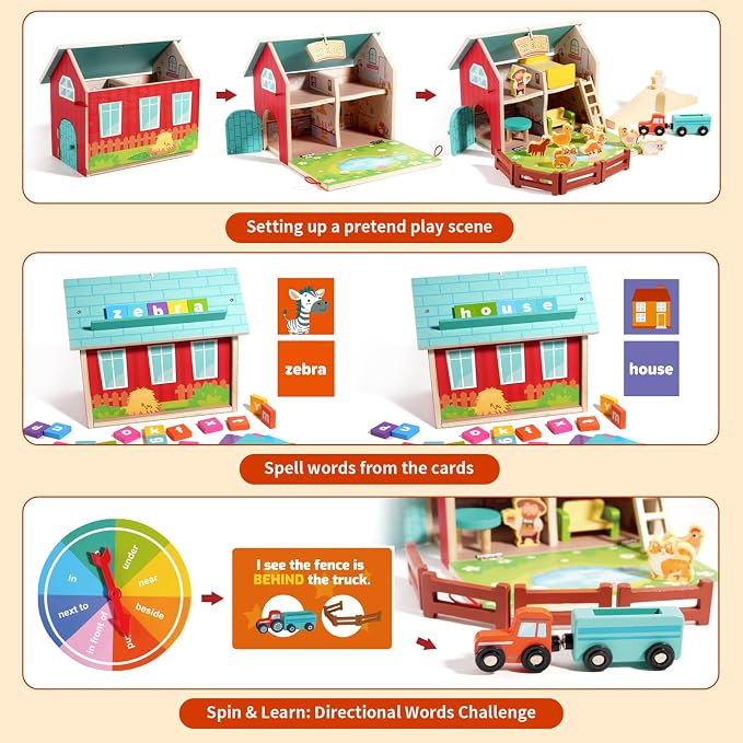 INIFEIDALA Montessori Farm Dollhouse for Toddlers 3-5 | Wooden Farm Animals Playset, Storytelling, Pretend Play, Language Development