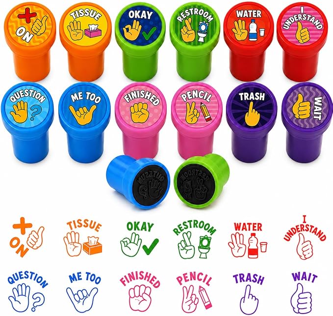 Cinrobiye 24 Pcs Hand Signal Stampers for Kids, Cute Classroom Communication Stamps, Teacher Tools, Classroom Rewards, Behavior Management, Party Favors, Goodie Bag Fillers, Small Toys