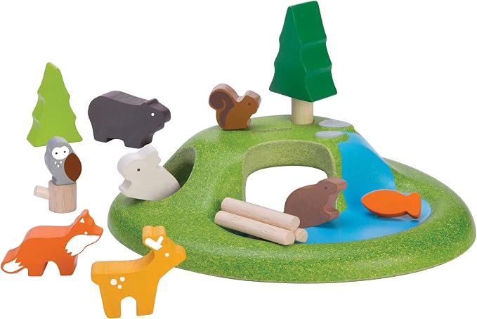 PlanToys® Wooden Animal Toy Set for Toddlers, 16 Pcs Montessori Forest Set | 16 pcs forest playset, trees cave mountain, wooden animal toy set, montessori open-ended nature play, preschool educational k
