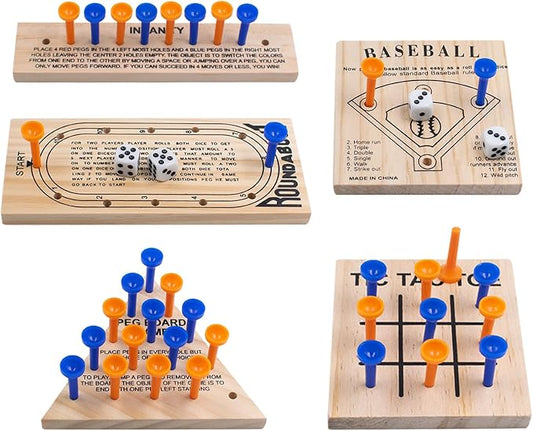 Wooden Peg Games Assortment Kit, 5 PCS Fun Brain Strategy Toy | Travel Funny Games for Teens and Adults, Including Baseball, Tic-Tac-Toe, Insanity, Peg-Board-Game, Roundabout