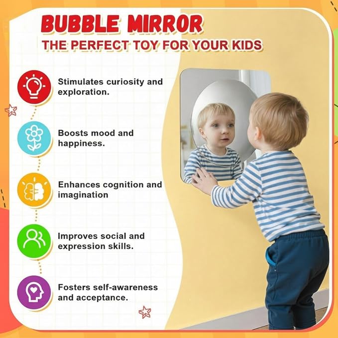 Geiserailie 1 Pc Sensory Wall Bubble Mirrors, 10 x 10 Inch, CPC Certified | Silver Acrylic Convex Mirrors, Sensory Room Must Haves, Classroom Learning Tool, Calming Corner, Preschool Daycare Activity